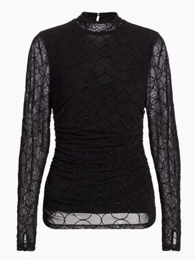 Ramy Brook Black Sheer Long-Sleeve Ruched Top